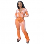 Orange Long Sleeve Zipper V-Neck Velvet Women Hoody Dress