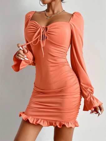 Orange Long Sleeve Low-Cut Women Sexy Mini Dress