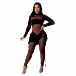 Brown Long Sleeve Mesh Velvet Bodycons 2PCS Women Sexy Jumpsuit