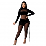 Black Long Sleeve Mesh Velvet Bodycons 2PCS Women Sexy Jumpsuit