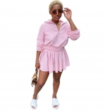 Pink Long Sleeve V-Neck Fashion Women 2PCS Skirt Dress