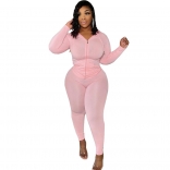 Pink Long Sleeve Zipper Fashion Women Plus Size Jumpsuit