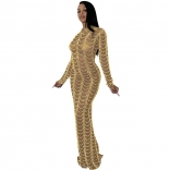 Yellow Long Sleeve Mesh Rhinestone Women Maxi Long Dress