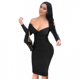 Black Long Sleeve Low-Cut Sexy Bodycons Midi Dress