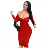 Red Long Sleeve Low-Cut Sexy Bodycons Midi Dress