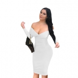 White Long Sleeve Low-Cut Sexy Bodycons Midi Dress