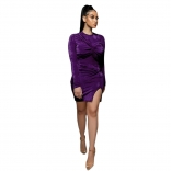 Purple Long Sleeve O-Neck Velvet Knots Women Bandage Mini Dress