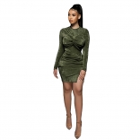 Green Long Sleeve O-Neck Velvet Knots Women Bandage Mini Dress
