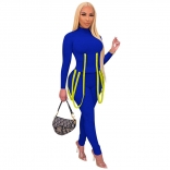 Blue Long Sleeve O-Neck Belt 2PCS Bodycons Women Sexy Jumpsuit