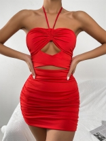 Red Sleeveless Halter Off-Shoulder Sexy Bodycons Dress