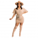 Beige Short Sleeve O-Neck Rhinestone Women Mini Dress