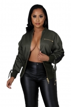 Green Long Sleeve Bandage Corsets Women Zipper Jacket