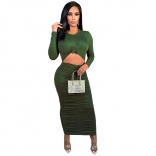 Green Long Sleeve O-Neck Hollwo-out Corset Sexy Midi Dress