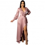 Pink Long Sleeve Deep V-Neck Women Fashion Jersey Dress