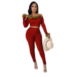 Red Long Sleeve Boat-Neck Feather Fashion 2PCS Women Sexy Jumpsuit