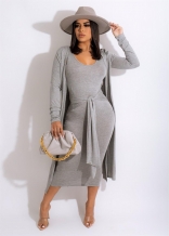 Grey Long Sleeve Fashin Coat Bodycons Women Midi Dress Set