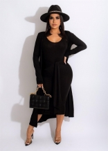 Black Long Sleeve Fashin Coat Bodycons Women Midi Dress Set