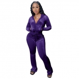 Purple Long Sleeve Zipper V-Neck Velvet Women Hoody Dress