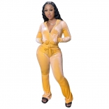 Yellow Long Sleeve Zipper V-Neck Velvet Women Hoody Dress