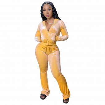 Yellow Long Sleeve Zipper V-Neck Velvet Women Hoody Dress