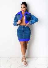 Blue Long Sleeve Plush Women Denim Sexy 2PCS Mini Dress