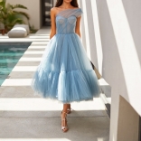 Blue Sleeveless Mesh Fashion Women Jersey Skirt