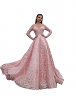 Pink Long Sleeve V-Neck Lace Hollow Fashion Maxi Dress