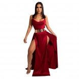 Red Sleeveless V-Neck Low-Cut Sexy Slit Women Maxi Dress
