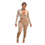 Khaki Long Sleeve Velvet Zipper Sexy Bodycons 2PCS Women Jumpsuit
