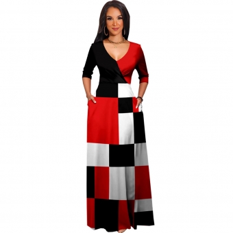 Red V-Neck Short Sleeve Printed Women Fashion Dress