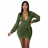 Green Long Sleeve Deep V-Neck Knot Bodycons Mini Dress