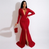Red Long Sleeve Deep V-Neck Corset Waist Slit Women Maxi Dress