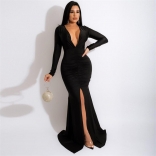Black Long Sleeve Deep V-Neck Corset Waist Slit Women Maxi Dress