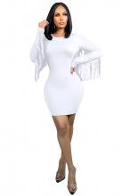 White Long Sleeve Tassels Fashion Sexy Women Bodycon Dress