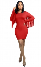 Red Long Sleeve Tassels Fashion Sexy Women Bodycon Dress