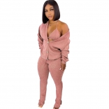Pink Long Sleeve Sexy Bra Cotton Women 3PCS Catsuit Dress