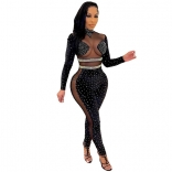 Black Long Sleeve Mesh Hollow-out Diamond Sexy Jumpsuit