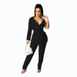 Black One Sleeve Low-Cut V-Neck Chains Halter Sexy Catsuit Dress