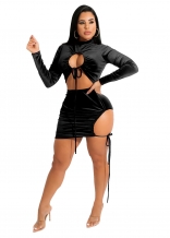 Black Long Sleeve Hollow-out Velvet Sexy Mini Clubwear