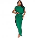Green Sleeveless O-Neck Wrinkled Irregular Women Maxi Dress