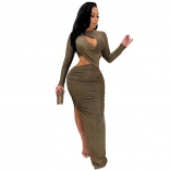 Khaki Long Sleeve Hollow-out Silk Sexy Women Maxi Dress
