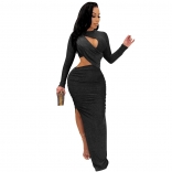 Black Long Sleeve Hollow-out Silk Sexy Women Maxi Dress