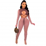 Pink Long Sleeve Hollow-out Bandage Sexy Jumpsuit