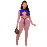 Blue Long Sleeve Hollow-out Bandage Sexy Jumpsuit