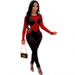 Red Long Sleeve Mesh V-Neck Sexy Bodycons Jumpsuit