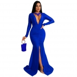 Blue Long Sleeve Deep V-Neck Bodycons Sexy Slit Maxi Dress