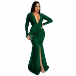 Green Long Sleeve Deep V-Neck Bodycons Sexy Slit Maxi Dress