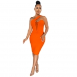 Orange Halter Mesh Deep V-Neck Bodycons Sexy Mini Dress