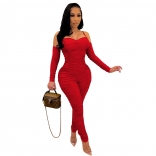 Red Long Sleeve Halter Low-Cut V-Neck Bodycons Sexy Women Jumpsuit