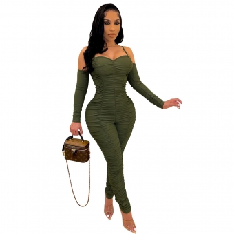 Green Long Sleeve Halter Low-Cut V-Neck Bodycons Sexy Women Jumpsuit